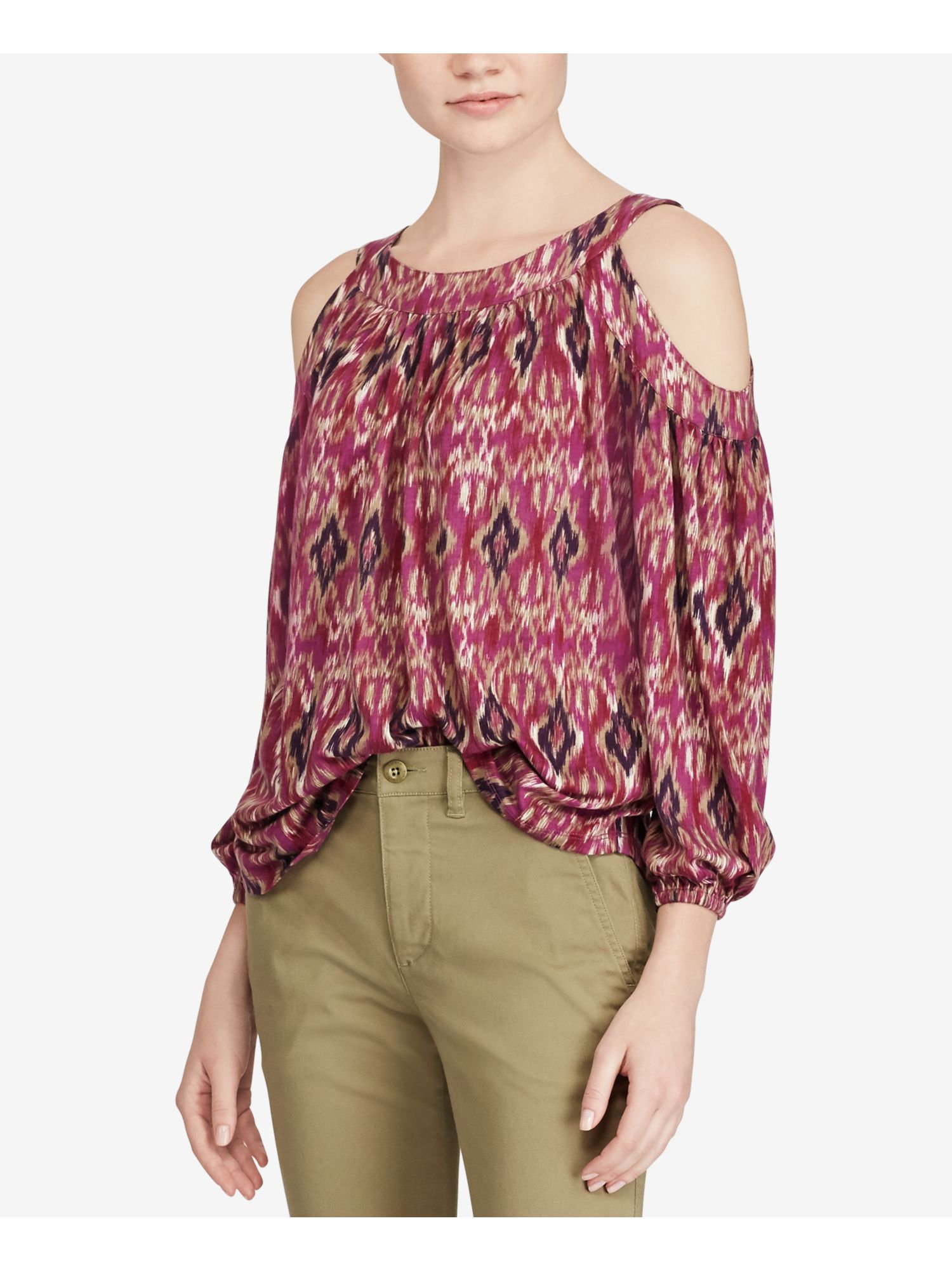 Ralph Lauren Womens Purple Cold Shoulder Printed Long Sleeve Jewel Neck Top M